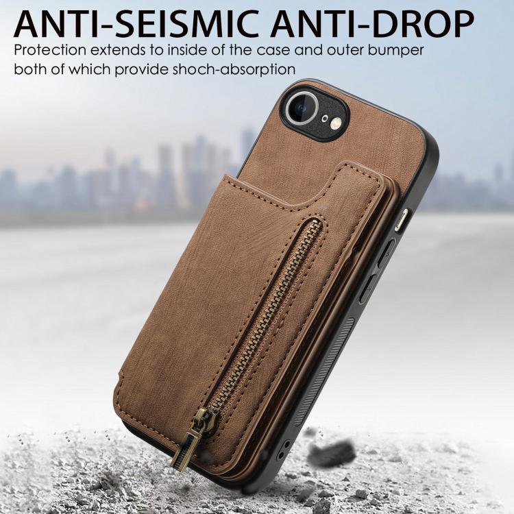 For iPhone 17e / 16e Retro Leather Zipper Wallet Back Phone Case