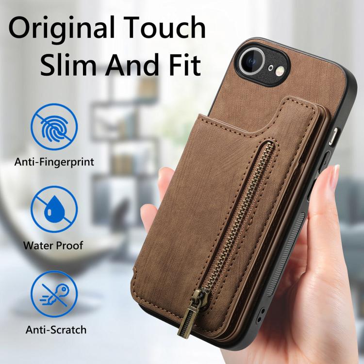 For iPhone 17e / 16e Retro Leather Zipper Wallet Back Phone Case
