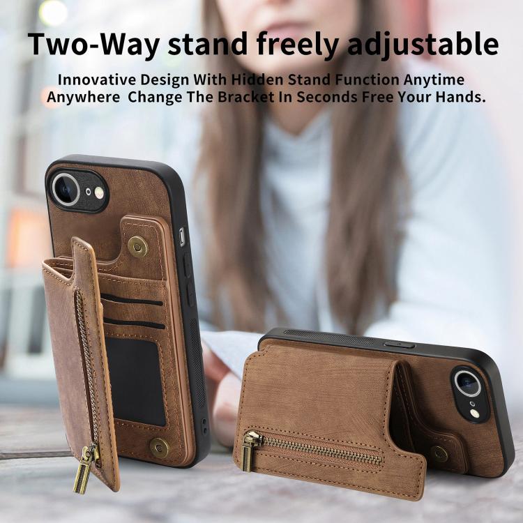 For iPhone 17e / 16e Retro Leather Zipper Wallet Back Phone Case
