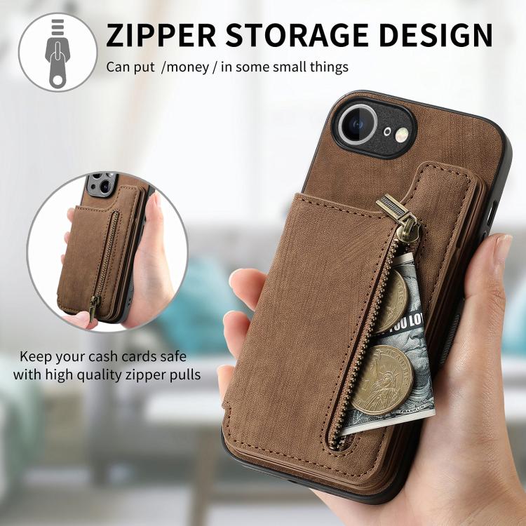 For iPhone 17e / 16e Retro Leather Zipper Wallet Back Phone Case