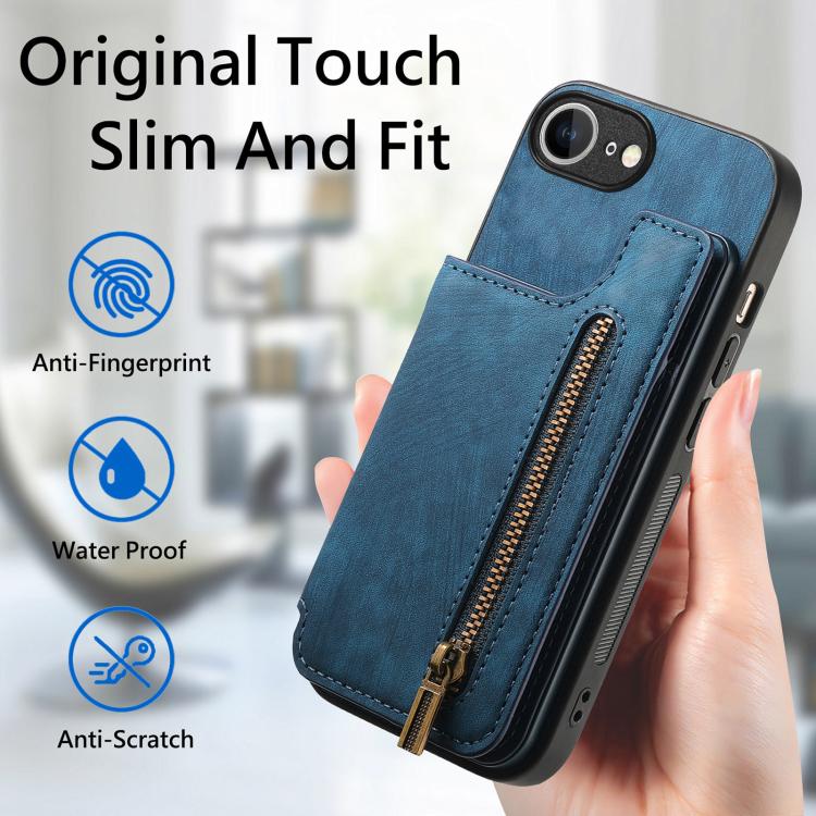For iPhone 17e / 16e Retro Leather Zipper Wallet Back Phone Case