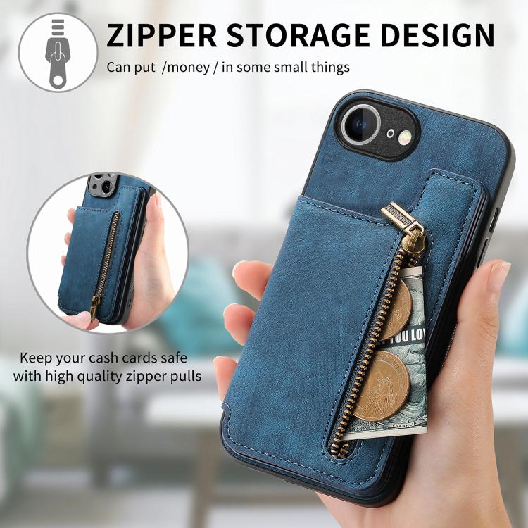 For iPhone 17e / 16e Retro Leather Zipper Wallet Back Phone Case