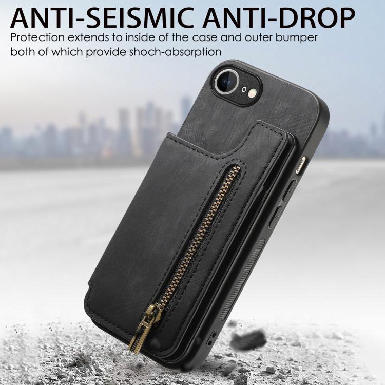 For iPhone 17e / 16e Retro Leather Zipper Wallet Back Phone Case