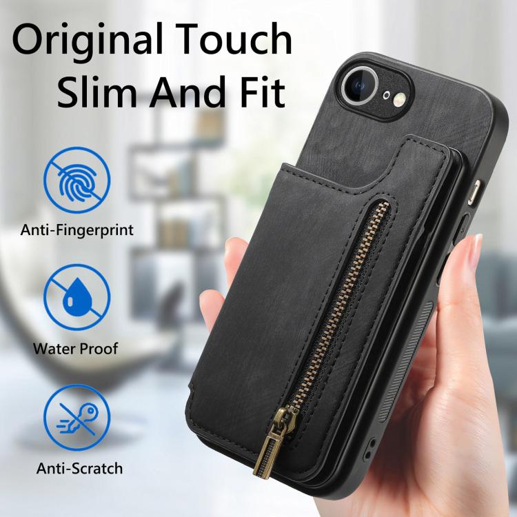 For iPhone 17e / 16e Retro Leather Zipper Wallet Back Phone Case