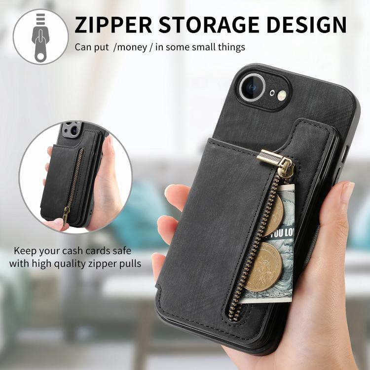 For iPhone 17e / 16e Retro Leather Zipper Wallet Back Phone Case