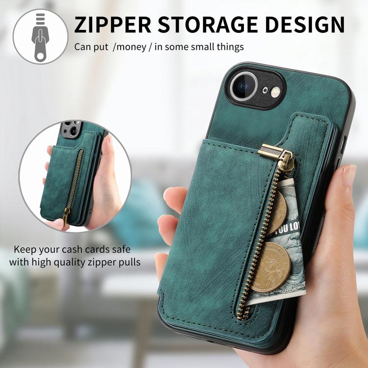 For iPhone 17e / 16e Retro Leather Zipper Wallet Back Phone Case
