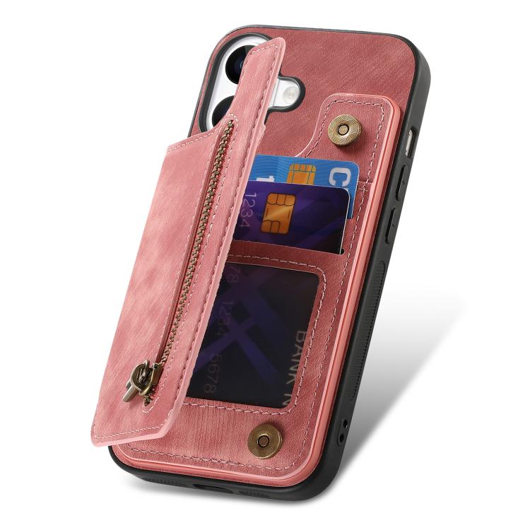For iPhone 17 Retro Leather Zipper Wallet Back Phone Case
