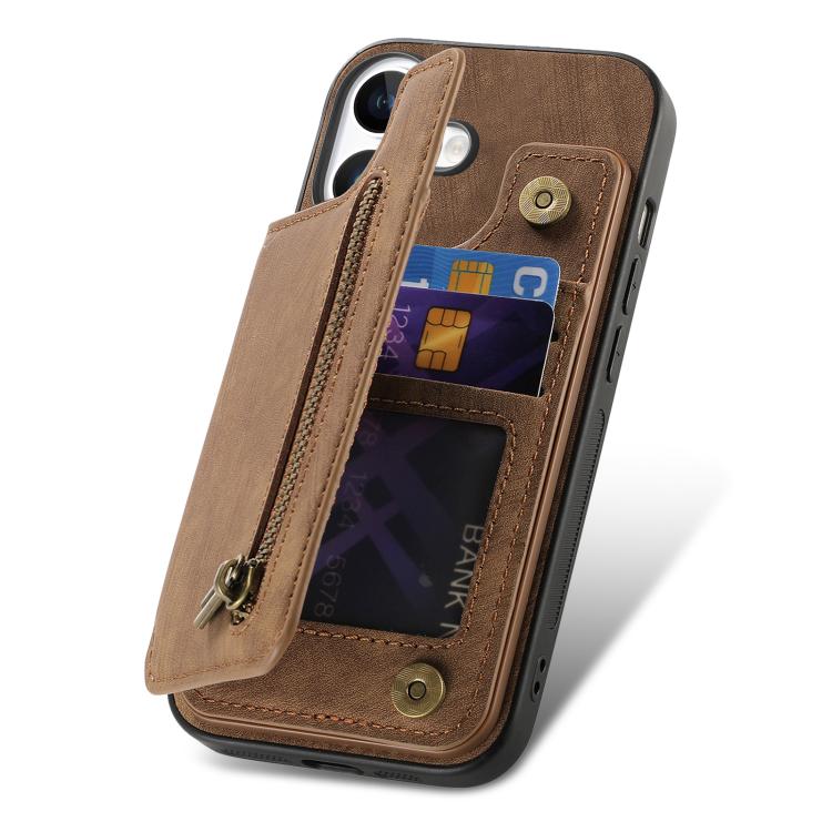 For iPhone 17 Retro Leather Zipper Wallet Back Phone Case