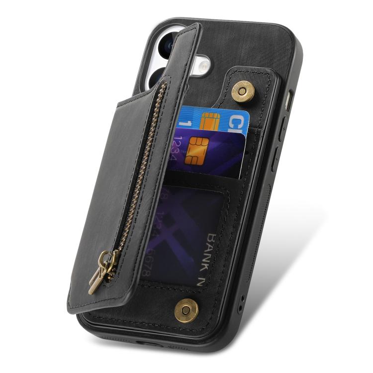 For iPhone 17 Retro Leather Zipper Wallet Back Phone Case