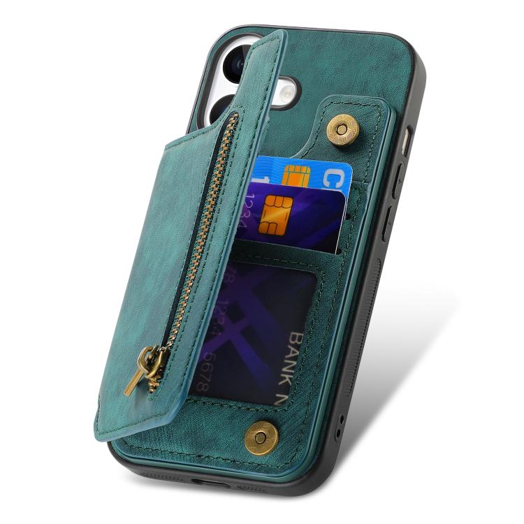 For iPhone 17 Retro Leather Zipper Wallet Back Phone Case