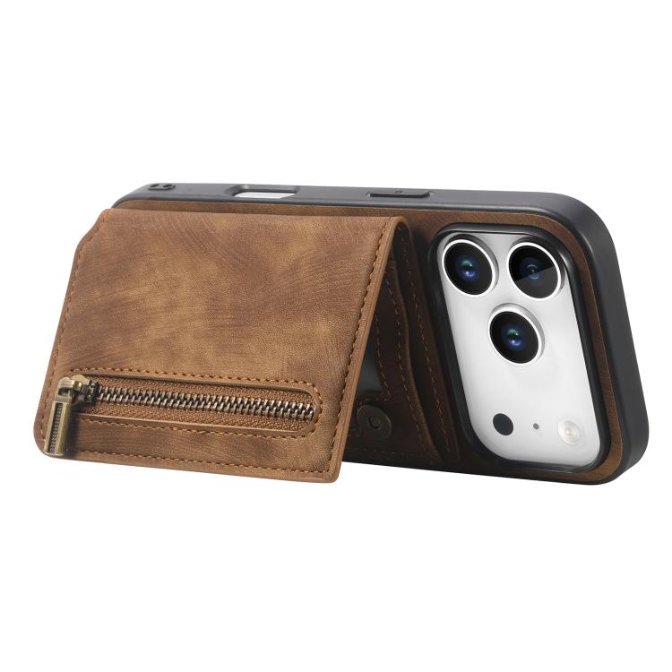 For iPhone 17 Pro Retro Leather Zipper Wallet Back Phone Case