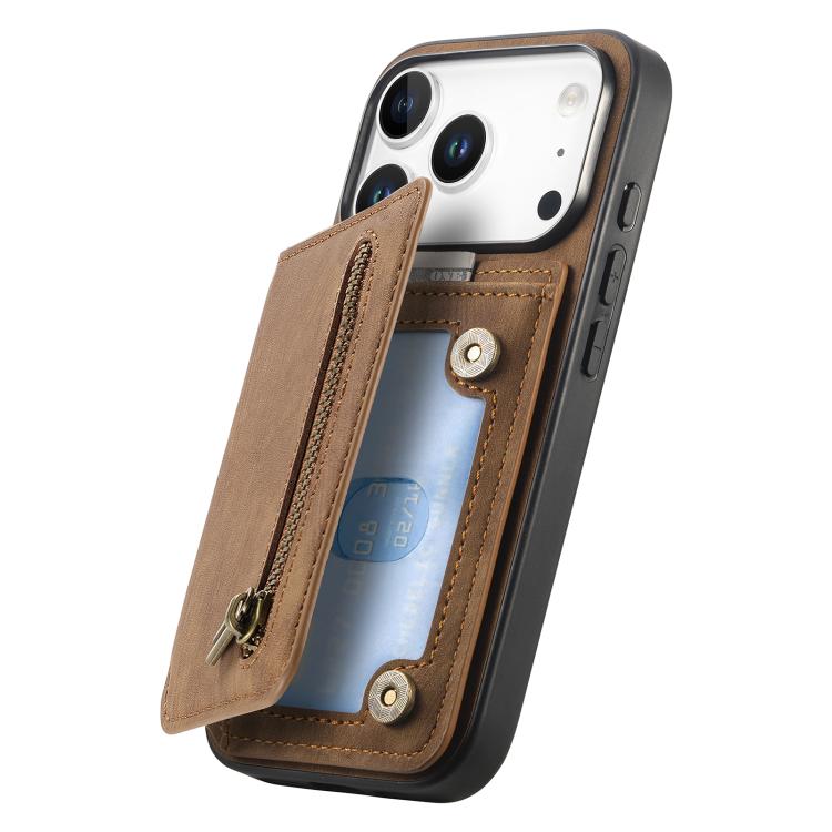 For iPhone 17 Pro Retro Leather Zipper Wallet Back Phone Case