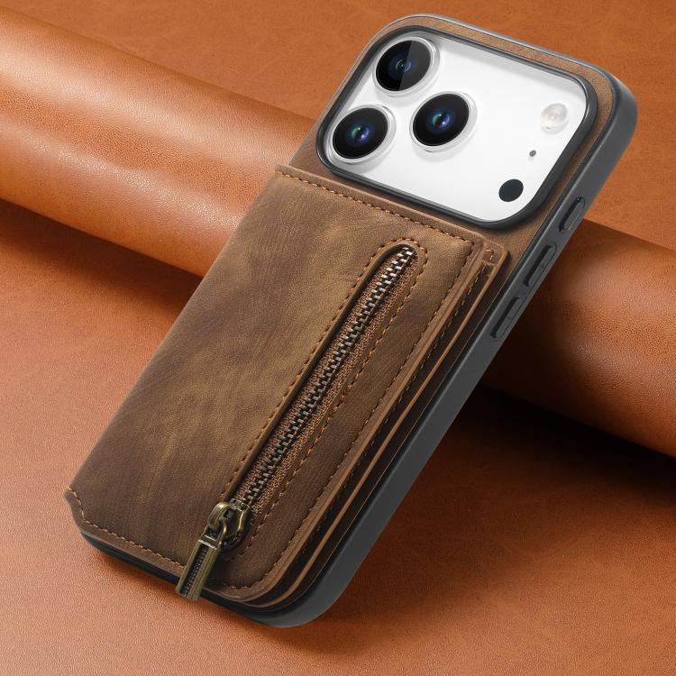 For iPhone 17 Pro Retro Leather Zipper Wallet Back Phone Case