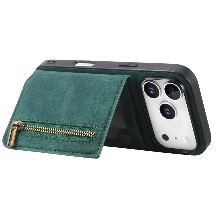 For iPhone 17 Pro Retro Leather Zipper Wallet Back Phone Case