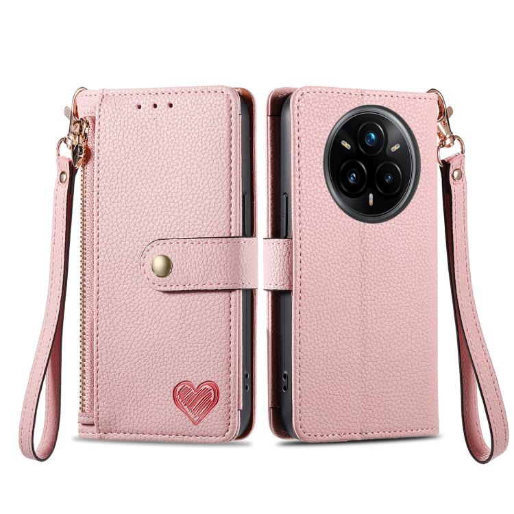 For Realme 14 Pro Love Zipper Lanyard Leather Phone Case