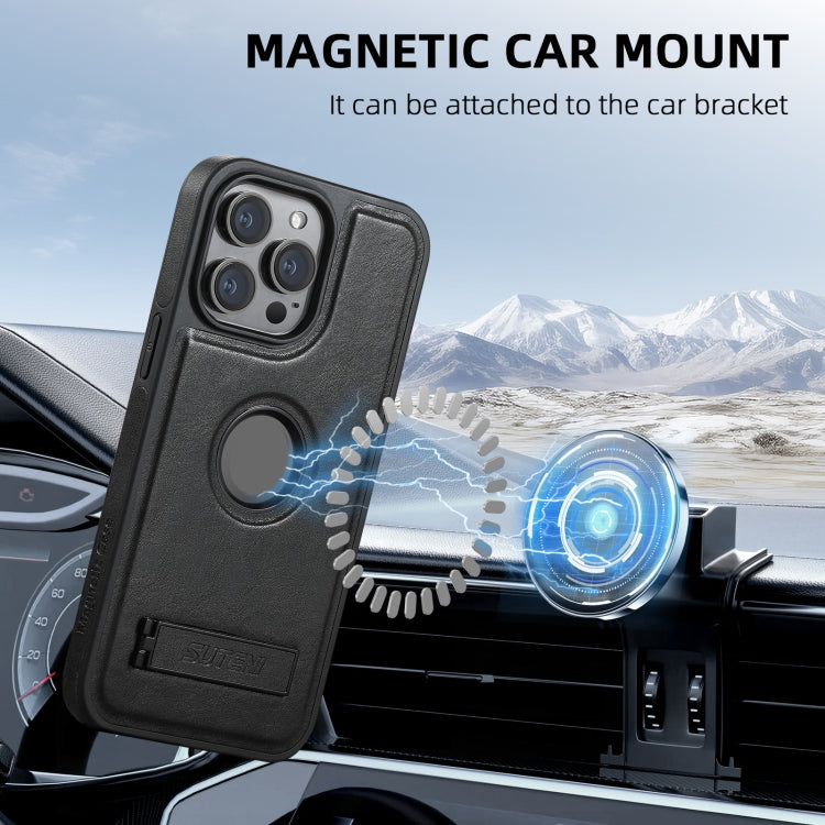For iPhone 16 Pro Suteni G2 Magsafe Oil Wax Leather Back Phone Case with Holder