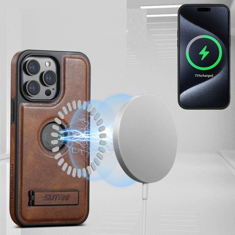 For iPhone 16 Plus Suteni G2 Magsafe Oil Wax Leather Back Phone Case with Holder