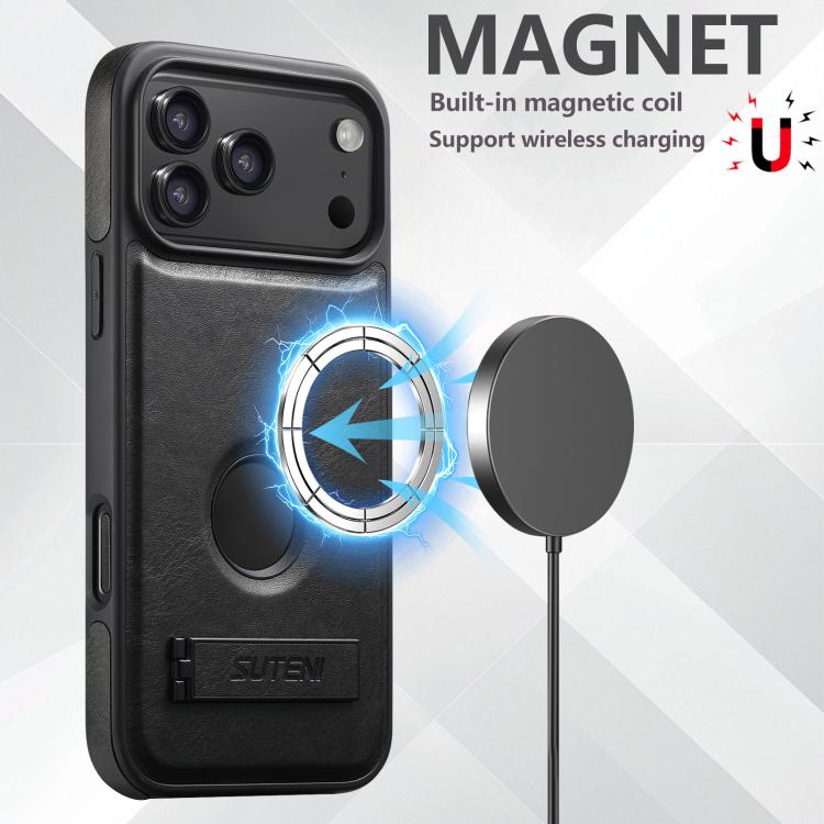 For iPhone 17 Pro Suteni G2 Magsafe Oil Wax Leather Back Phone Case with Holder