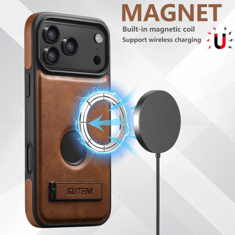 For iPhone 17 Pro Suteni G2 Magsafe Oil Wax Leather Back Phone Case with Holder