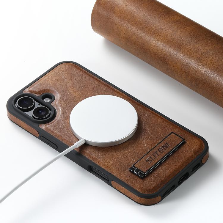 For iPhone 17 Suteni G2 Magsafe Oil Wax Leather Back Phone Case with Holder