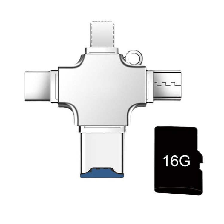 4 in 1 USB-C / Type-C  USB 2.0 + Micro USB + 8 Pin Adapter TF Card Reader, Memory Card:16GB - Sliver