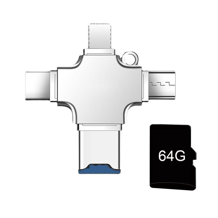 4 in 1 USB-C / Type-C  USB 2.0 + Micro USB + 8 Pin Adapter TF Card Reader, Memory Card:64GB - Sliver