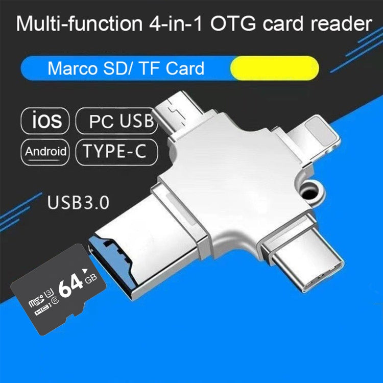 4 in 1 USB-C / Type-C  USB 2.0 + Micro USB + 8 Pin Adapter TF Card Reader, Memory Card:32GB - Sliver