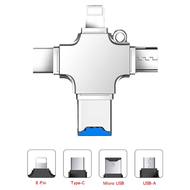 4 in 1 USB-C / Type-C  USB 2.0 + Micro USB + 8 Pin Adapter TF Card Reader, Memory Card:No Memory - Sliver