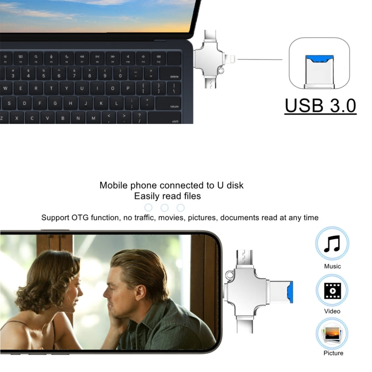 4 in 1 USB-C / Type-C  USB 2.0 + Micro USB + 8 Pin Adapter TF Card Reader, Memory Card:No Memory - Sliver
