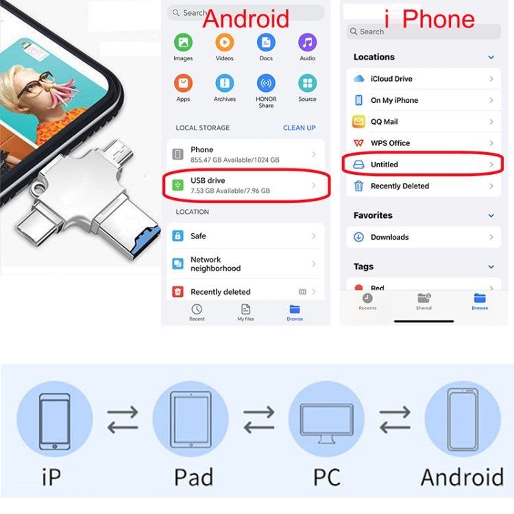 4 in 1 USB-C / Type-C  USB 2.0 + Micro USB + 8 Pin Adapter TF Card Reader, Memory Card:32GB - Sliver