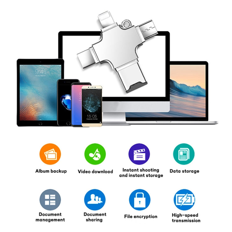 4 in 1 USB-C / Type-C  USB 2.0 + Micro USB + 8 Pin Adapter TF Card Reader, Memory Card:No Memory - Sliver