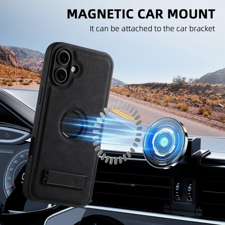 For iPhone 16 Suteni G2 Magsafe Litchi Texture Leather Back Phone Case with Holder