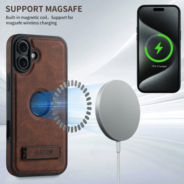 For iPhone 16 Suteni G2 Magsafe Litchi Texture Leather Back Phone Case with Holder
