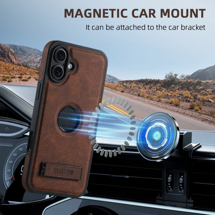 For iPhone 16 Suteni G2 Magsafe Litchi Texture Leather Back Phone Case with Holder
