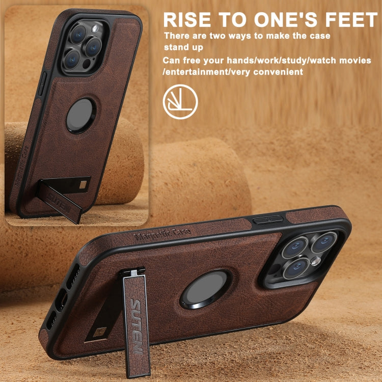 For iPhone 16 Suteni G2 Magsafe Litchi Texture Leather Back Phone Case with Holder