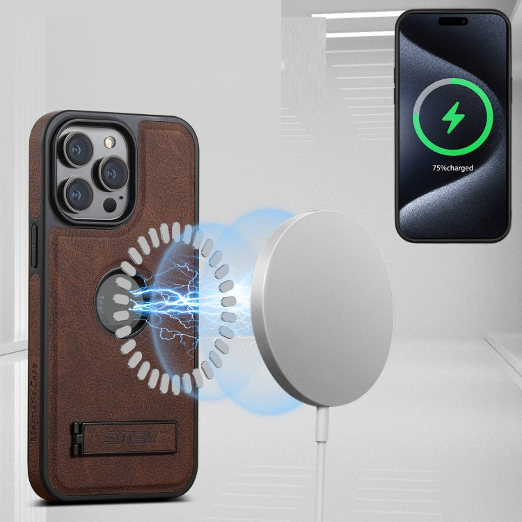 For iPhone 16 Pro Suteni G2 Magsafe Litchi Texture Leather Back Phone Case with Holder