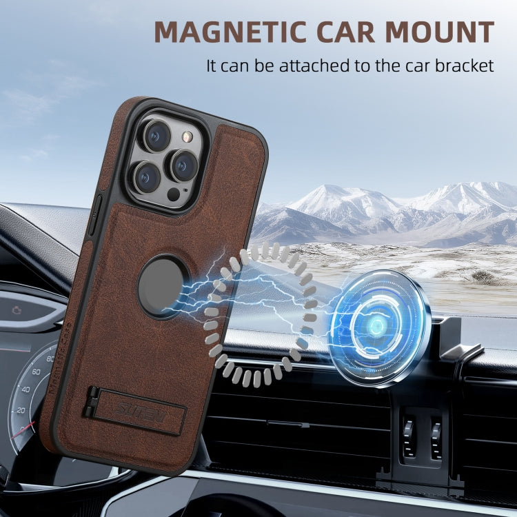 For iPhone 16 Pro Suteni G2 Magsafe Litchi Texture Leather Back Phone Case with Holder