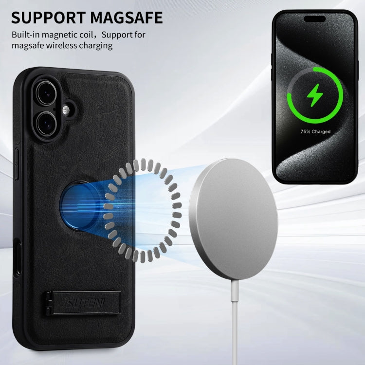 For iPhone 16 Plus Suteni G2 Magsafe Litchi Texture Leather Back Phone Case with Holder