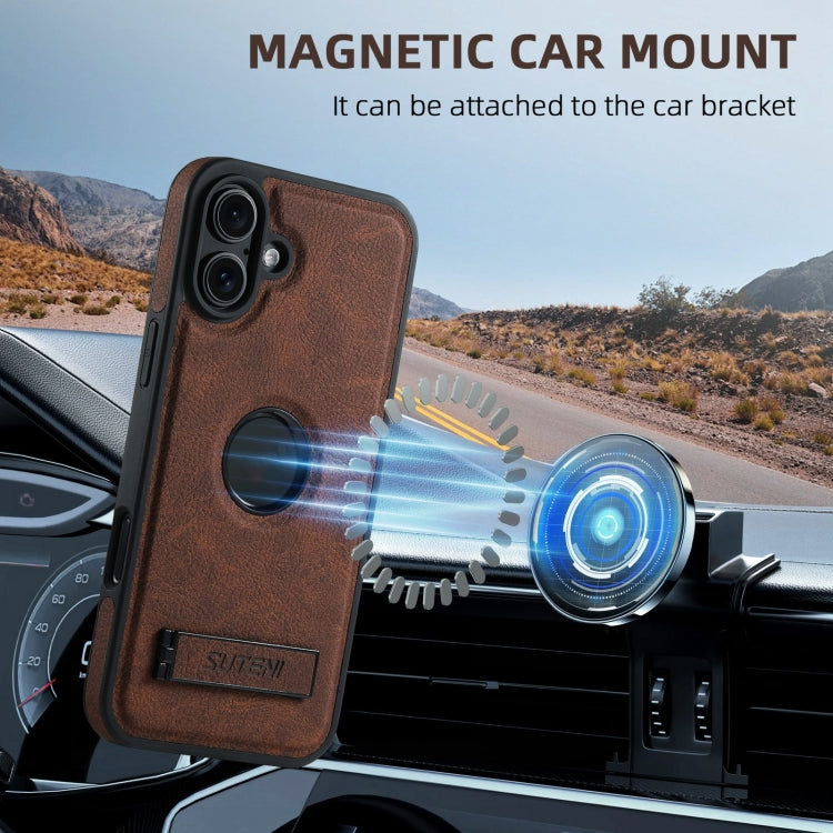 For iPhone 16 Plus Suteni G2 Magsafe Litchi Texture Leather Back Phone Case with Holder