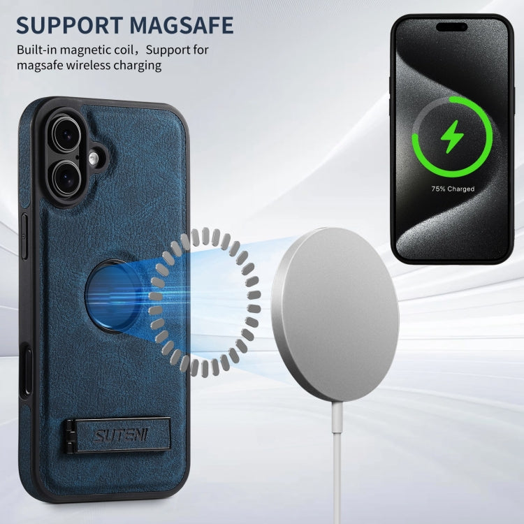 For iPhone 16 Plus Suteni G2 Magsafe Litchi Texture Leather Back Phone Case with Holder