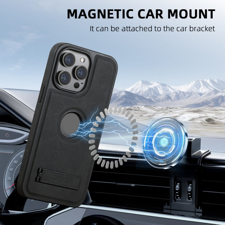 For iPhone 16 Pro Max Suteni G2 Magsafe Litchi Texture Leather Back Phone Case with Holder