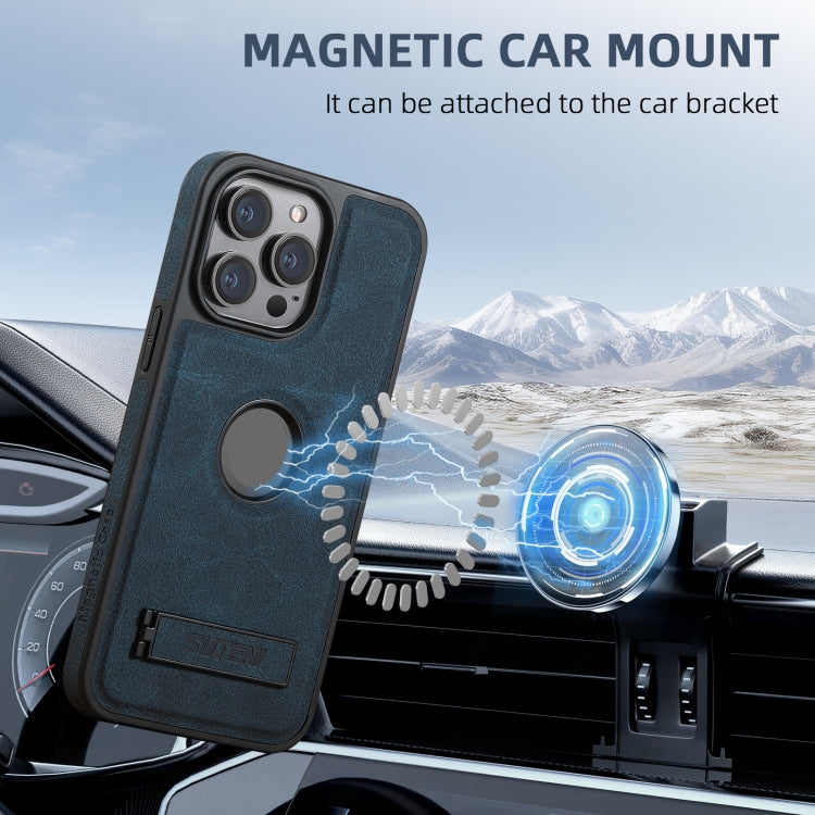 For iPhone 16 Pro Max Suteni G2 Magsafe Litchi Texture Leather Back Phone Case with Holder