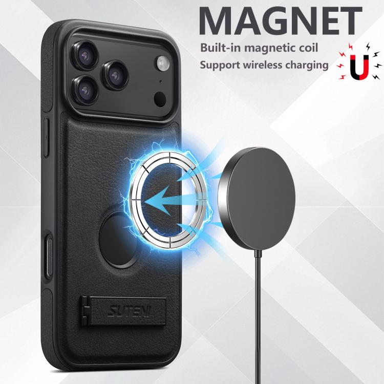 For iPhone 17 Pro Max Suteni G2 Magsafe Litchi Texture Leather Back Phone Case with Holder