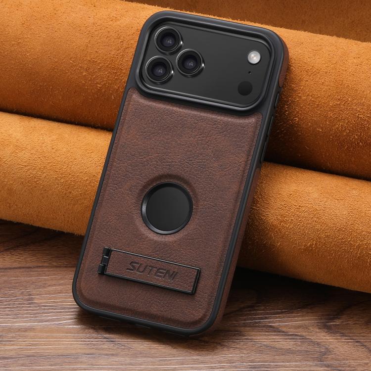 For iPhone 17 Pro Suteni G2 Magsafe Litchi Texture Leather Back Phone Case with Holder