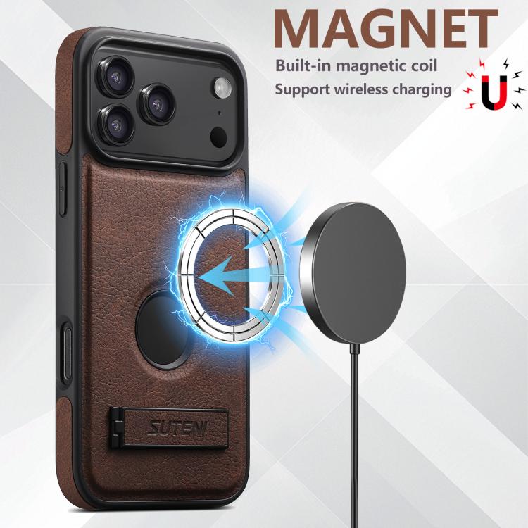 For iPhone 17 Pro Suteni G2 Magsafe Litchi Texture Leather Back Phone Case with Holder