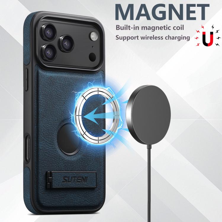 For iPhone 17 Pro Suteni G2 Magsafe Litchi Texture Leather Back Phone Case with Holder