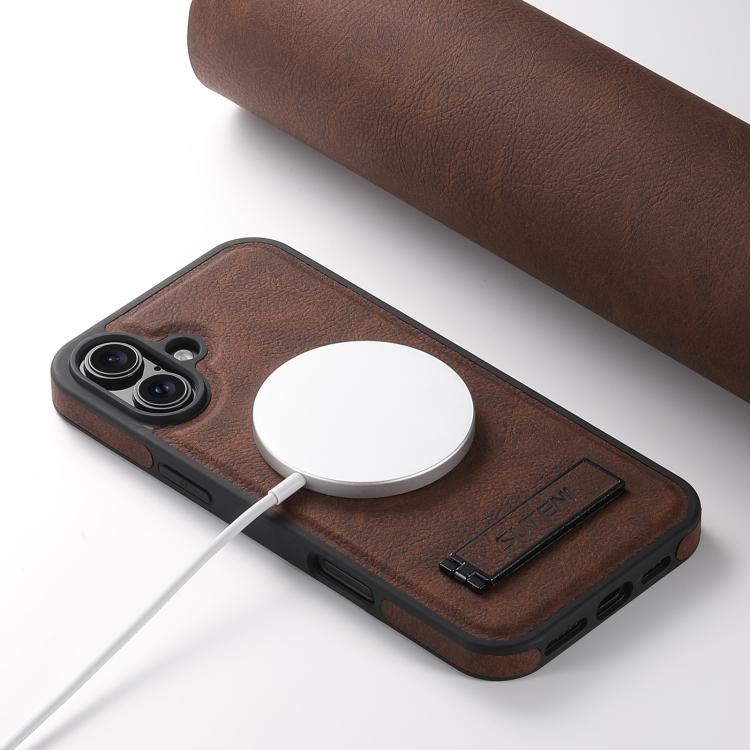 For iPhone 17 Suteni G2 Magsafe Litchi Texture Leather Back Phone Case with Holder