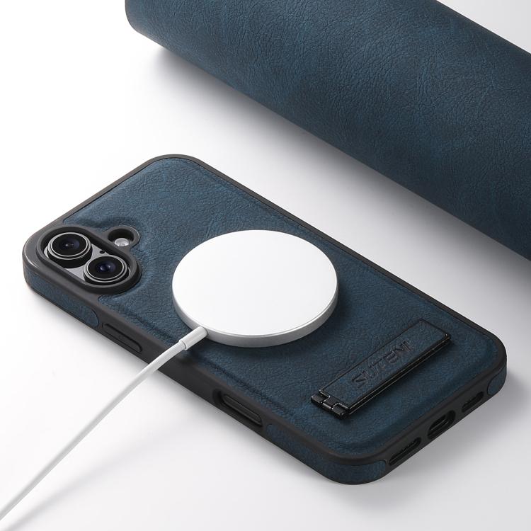 For iPhone 17 Suteni G2 Magsafe Litchi Texture Leather Back Phone Case with Holder