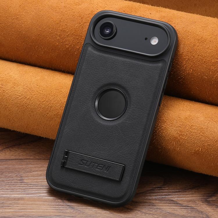 For iPhone Air Suteni G2 Magsafe Litchi Texture Leather Back Phone Case with Holder