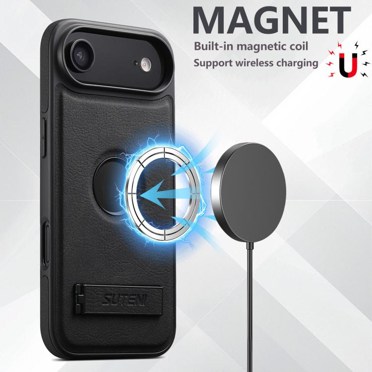 For iPhone Air Suteni G2 Magsafe Litchi Texture Leather Back Phone Case with Holder